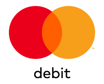 Logoen for Mastercard Debit, som viser to overlappende sirkler i rødt og oransje, med ordet 'debit' skrevet under.