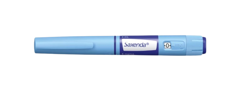 En gjenbrukbar injektorpen for Saxenda, blå i fargen, med en dose på 0,6 mg/mL