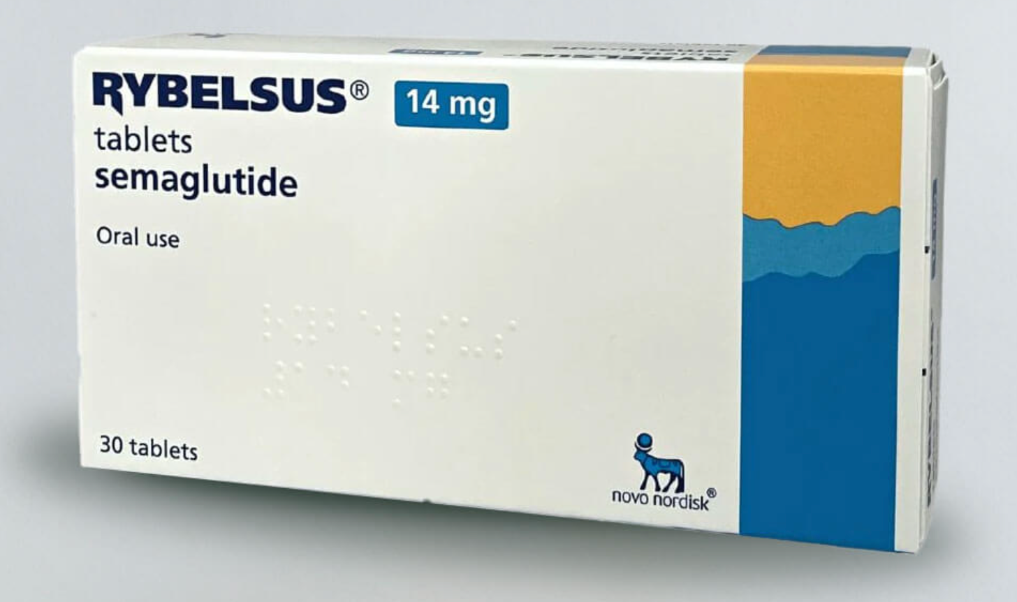 En pakke med 30 tabletter Rybelsus, hver inneholdende 14 mg semaglutid, beregnet for oral bruk