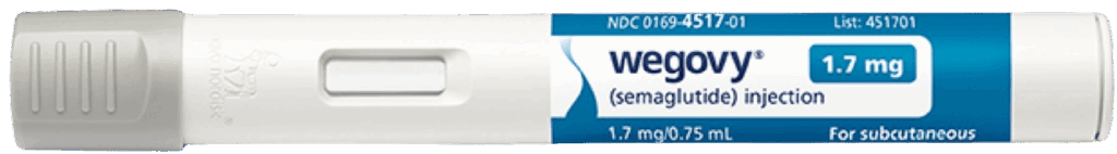 En 1,7 mg Wegovy-penn med semaglutid til subkutan injeksjon. Pennen er utstyrt med en blå og hvit etikett på den hvite kroppen.